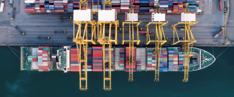 Aerial view of a cargo ship docking