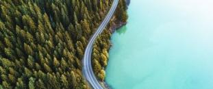 Aerial view of a lake alongside a road and forest
