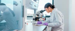 Scientist in a lab working with a microscope