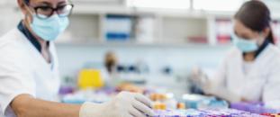 Two scientists working with test tubes