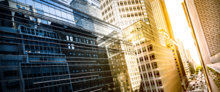 Outside view of a skyscraper in a city